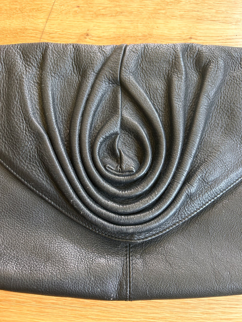 Black Leather Ripple-Effect Clutch