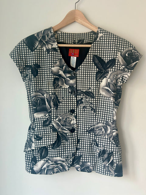 Kenzo black-and-white gingham floral top