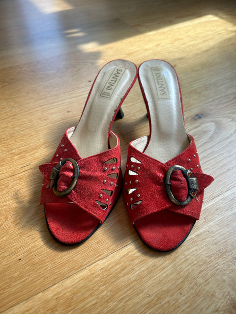 Vintage Red Suede Mules with Studded Detail - EU 38