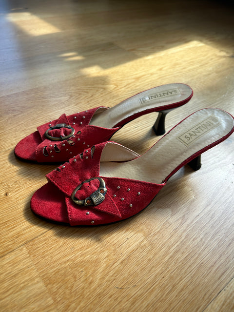 Vintage Red Suede Mules with Studded Detail - EU 38