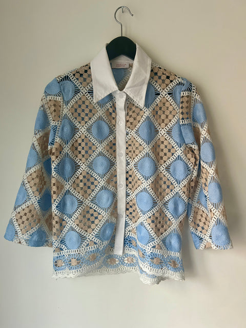 Soft blue/cream crotchet blouse