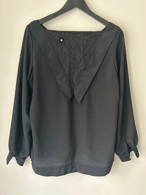 Versatile Black Satin Blouse with Reversible Design