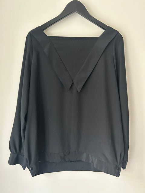 Versatile Black Satin Blouse with Reversible Design