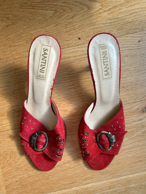 Vintage Red Suede Mules with Studded Detail - EU 38