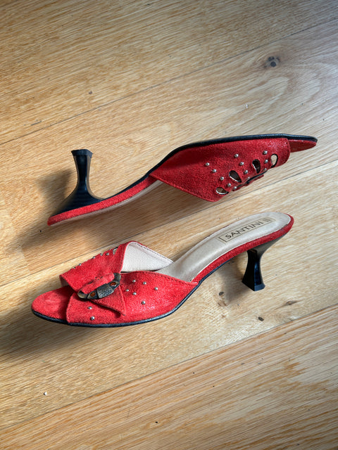 Vintage Red Suede Mules with Studded Detail - EU 38